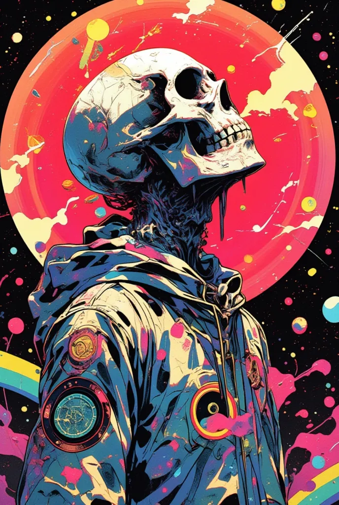 illustration of a man with a skull  ,  background is petals、crumbling petals 、 lsd tattoo design  ,   psychedelic illustrations ...