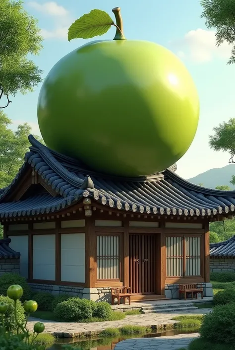 Draw a hanok private house .  There is a “green grape” open on the roof of a private hanok house. No matter who sees it, draw it as if it were a green grape .