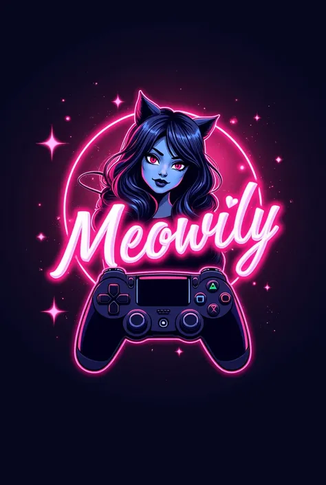 This is a gaming logo that features the name "Meowily" in a futuristic font and a neon pink colour . and girl avatar , the logo also has a stylized controller icon and game in the background . The logo is designed to be attractive and eye-catching , and to...