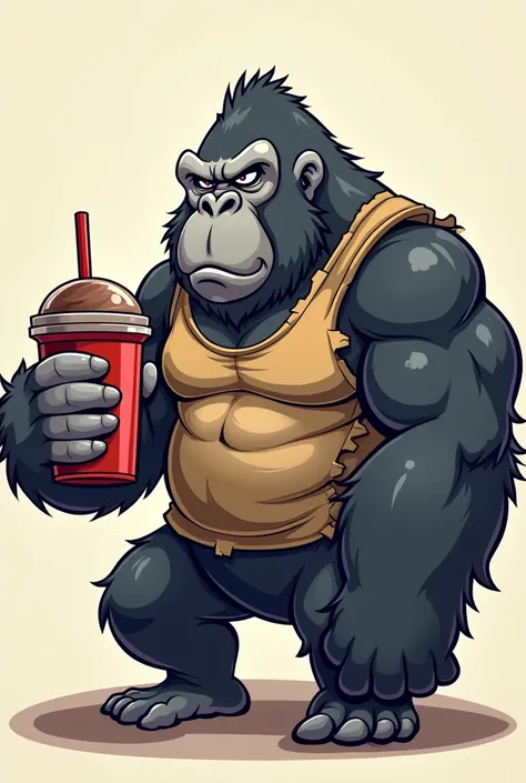 Cartoon image of a strong gorilla wearing a torn gym t-shirt ,  drinking chocolate Shake and holding a pot of whay in the other hand  
