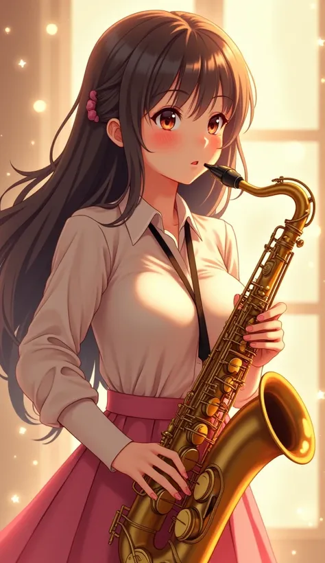 Anime Girl with a baritone saxophone、Big Breasts、smile