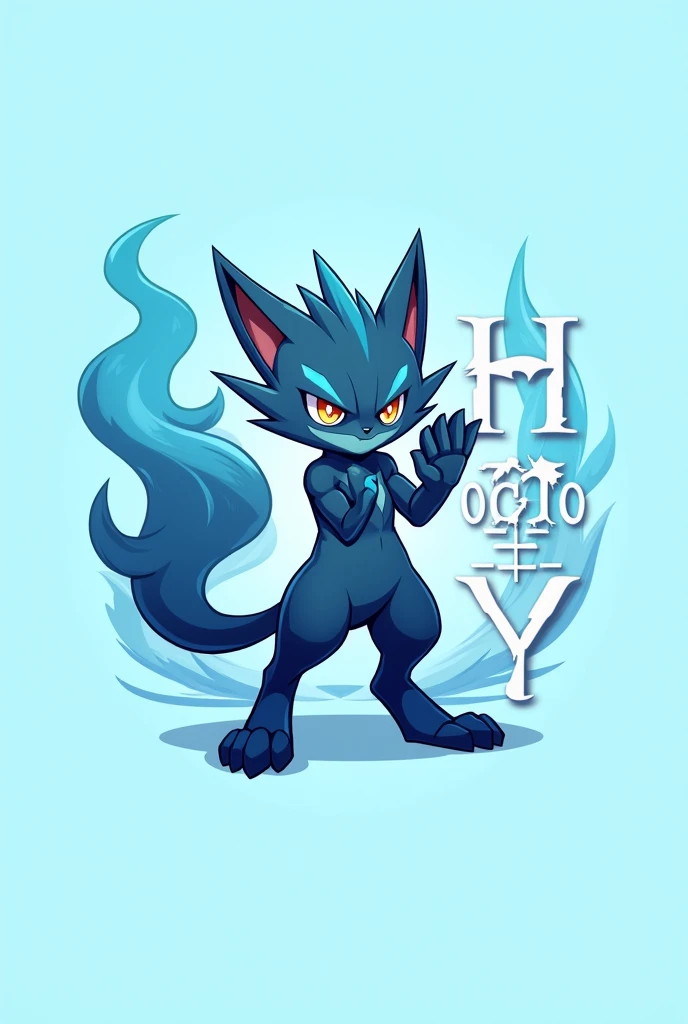 Create a logo where a Luxray is next to some words that say HYDRO Y on a light blue background 