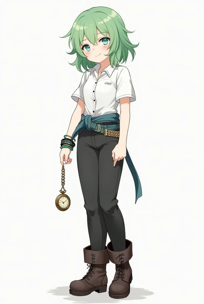  anime style, 【height/Weight 】182cm/70kg

【 Hair color /hairstyle】 Light green #70a19f/ Medium split hair 

【Eye color】light blue#afdfe4 

【color】white

【apparel】 Short back shirt in front +black jeans+ Fray boots 

+ Antique pocket watch 

...

【Features】...