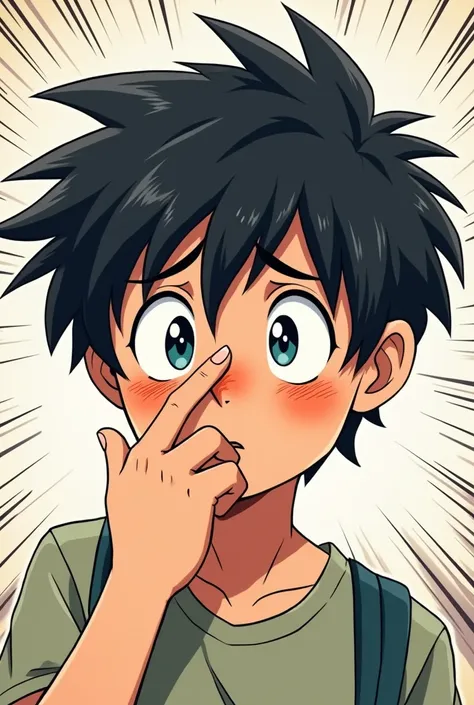 A boy scratching his nose due to stress comic anime style