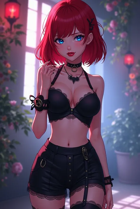 A redhead girl with blue eyes. Hair to her shoulders. Red lips. Perky boobs. Gothic Crop top. Mini skirt. Anime style.