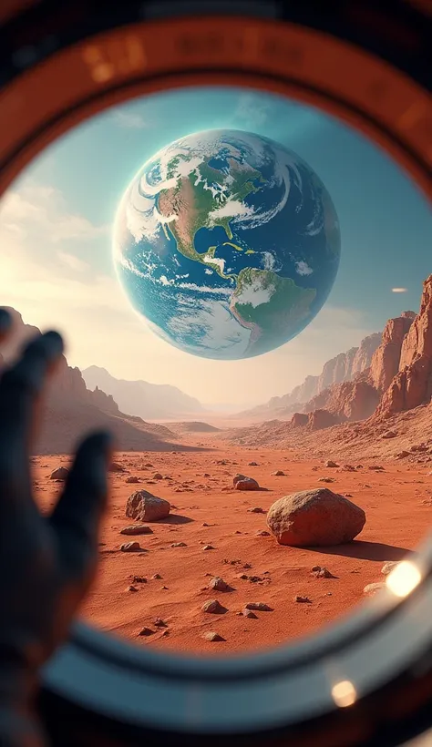 
"First person, realistic perspective from the viewfinder of an astronaut on Mars. The viewfinder shows a Martian desert landscape with reddish, rocky terrain, illuminated by a soft light. In the sky, the Earth appears prominent and majestic, larger than u...