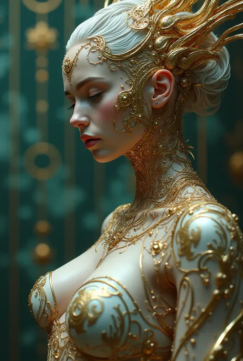 The goddess, Fortuna, head to breast, silicone cybernetics. High Resolution, Masterpiece, Award Winning, Best Quality, High Details, High Quality, UHD, Optical Illusion, Impressionism, Art Deco, Cinematic, Cinematography, Futurism, Hyperrealism, Photoreali...