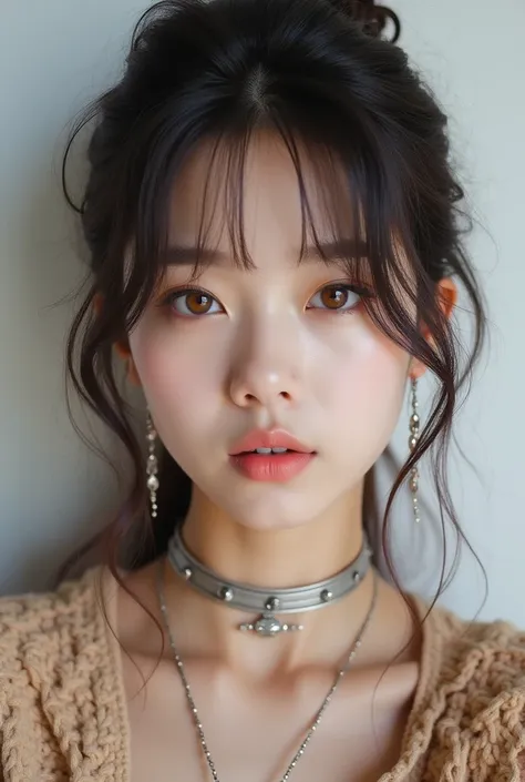  Innocent Beautiful 18-Year-Old Female K-pop Stars 、Partially Dyed Patten Hair 、 deep amber-colored eyes 、 Chic Silver Earrings and Chokers、Attractive makeup、 is wearing avant-garde colored clothes、Ultra High Definition Portraits、 HIGH DEFINITION SKIN TEXT...