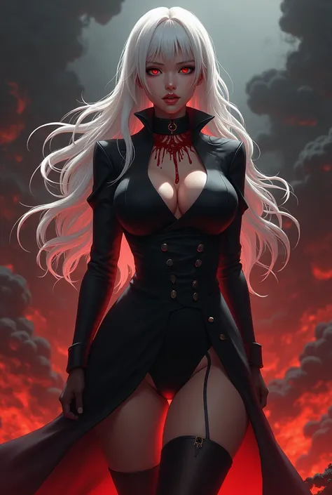 anime, in a hell.  A voluptuous and sexy woman with white hair wearing a black military uniform. With a sadistic look .  Having a neck wound that can accumulate blood 