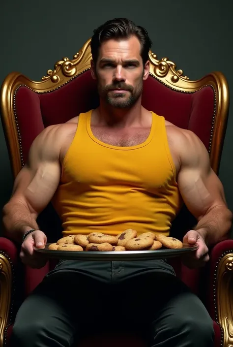 The image depicts actor Henry Cavil, of Italian descent, sitting in an intricately carved wooden chair with burgundy upholstery. He has a sophisticated and elegant appearance, highlighted by his confident posture. He is wearing a yellow tank top, emphasizi...