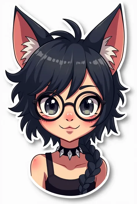 I want to create a series of stickers for WhatsApp and Telegram where the character has white skin, black eyes, black hair, cat ears, glasses, and a spiked necklace around his neck.