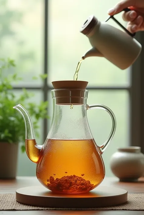 Turn the PET bottle of the current product into a PET bottle of tea 、 and generate an image of tea pouring tea with a teapot behind it