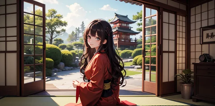 Create a computer wallpaper with an oriental Japanese garden and landscape style. It should present colors such as black and red. Includes an anime-style girl with these features: dark brown hair and eyes, long wavy hair, and she must have a small brown mo...