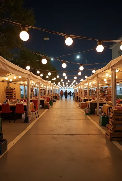 33 eco market/ reuse market/ at carpark/ without roof, open space/ Round LED lights connected in a line Draped around the area to decorate/ canvas connected in a line Draped around the area to decorate