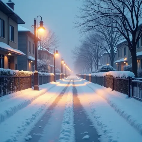 A quiet urban street blanketed in snow, featuring soft light from streetlamps and untouched footprints