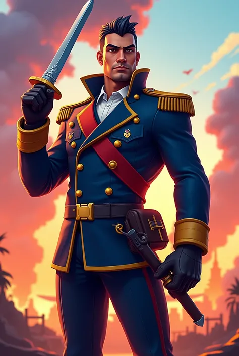  a portrait of Arturo Prat, a Chilean hero from the naval combat in Iquique. Draw it aesthetically in Fortnite style. Draw him full body . his body is slender and he carries a sabre in his right hand .