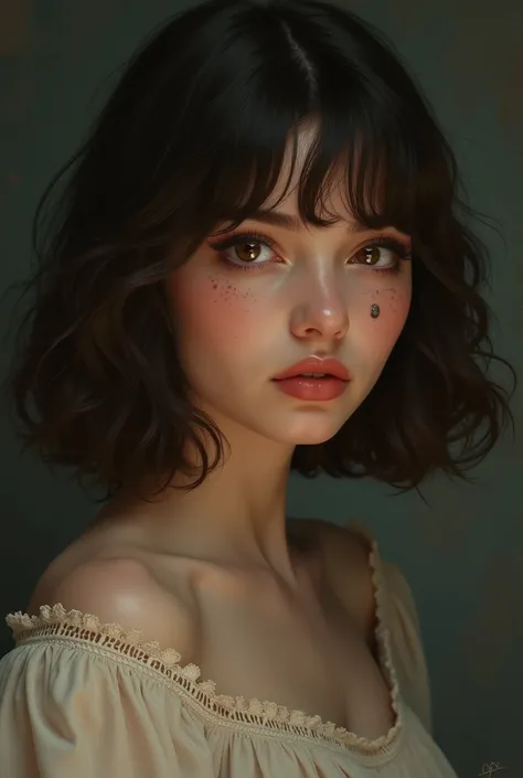 Brunette with brown eyes ,  slightly fluffy shoulder length hair and a small birthmark under her eye is a tempting portrait,  intricate , Very detailed,  digital painting , ArtStation, concept art, naughty,  clear focus ,  Cinematic lighting , slightly dar...