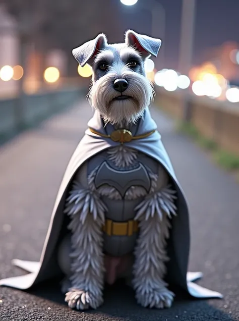 With this photo of my dog Schnauzer put on the Batman costume my dogs coat is salt and pepper, hitting it silver 