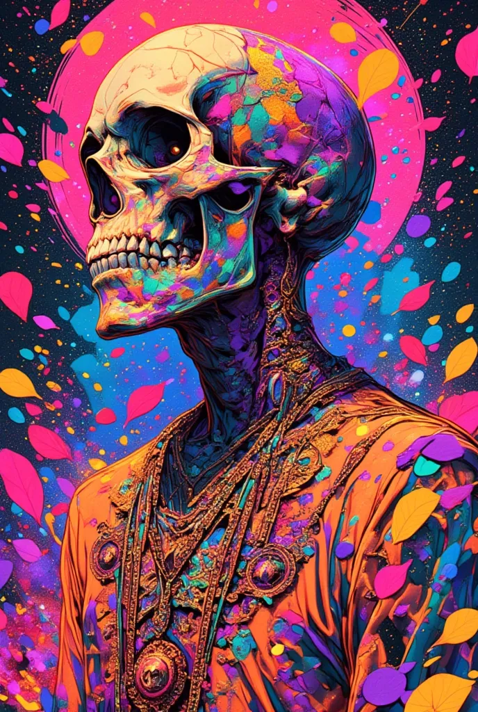 illustration of a man with a skull  ,  background is petals、crumbling petals 、 lsd tattoo design  ,   psychedelic illustrations ...