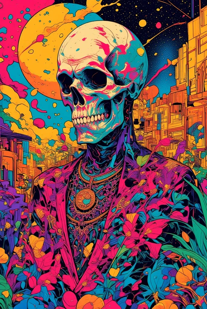 illustration of a man with a skull  ,  background is petals、crumbling petals 、 lsd tattoo design  ,   psychedelic illustrations ...