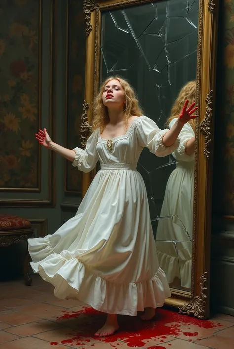 Renaissance Themed Sad Humor Hustle Wounded Blonde Girl In White Dress With Weeping Hands Bleeding Dancing In Front Of Broken Mirror In Room 