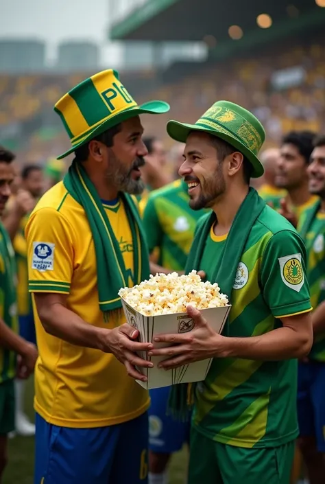 Botafogo fan giving popcorn to a  wearing a Palmeiras jersey 