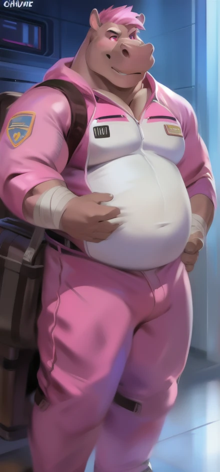 Solo, male Tall​,Huge body, Stand upright, ice pink, hippo, Pink military spacesuit ,Abdominal Bags,overweight, muscular,Wear a bandage, strict, by chunie,Pink hair, pink eyes, short 