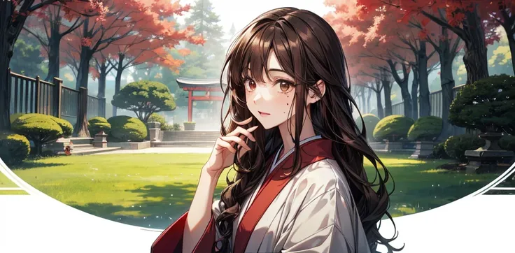 Create a computer wallpaper with an oriental Japanese garden and landscape style. It should present colors such as black and red. Includes an anime-style girl with these features: dark brown hair and eyes, long wavy hair, and she must have a small brown mo...