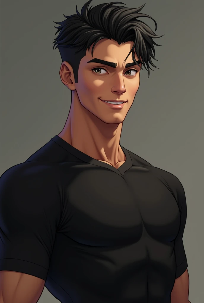 Young man no more than 25 years old, pelinegro,  black eyes, a beautiful smile harmonious ,  muscular body , black clothes