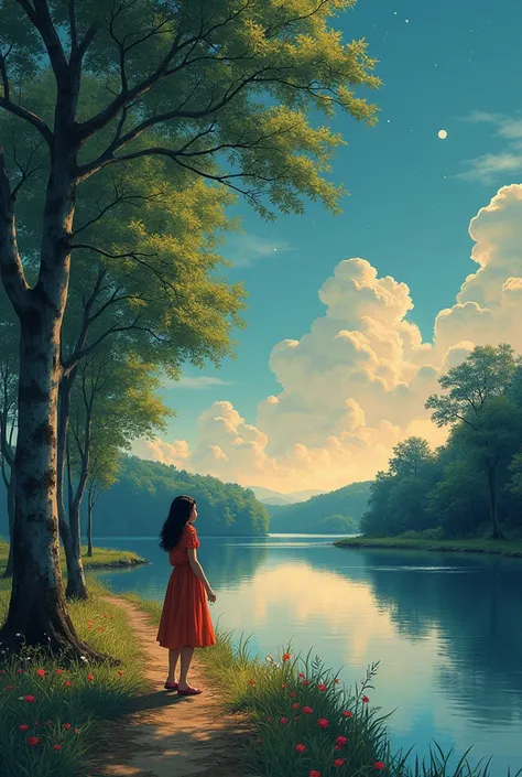 A lakeside village 、 a birch grove and an apple orchard, Petal rain, Young Girls. Portrait of a Smile ,  Smooth Lines ,  simple background, Emphasize light,  Shadow and Space Perception,  Rich Negative Space ,  Uplifting Comics , Emphasizing a Smile , (Oil...