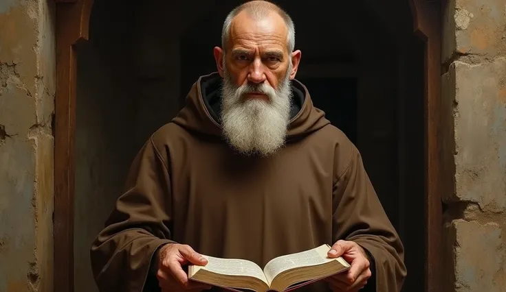 Padre Pio at 60 years old , with a thick beard and serene expression ,  holding an open Bible in his hands marked by the stigmata .  He wears his brown Franciscan robe and is standing in a simple monastery setting.