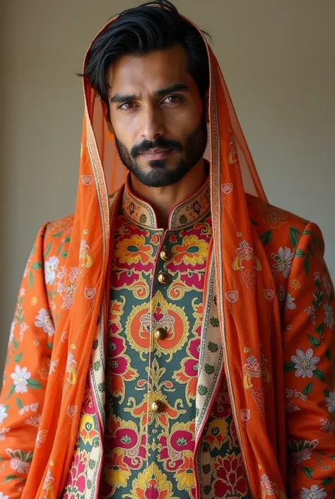 A man dressed in a Pakistani women’s flower printed and embroidered suit. Covering his head with chiffon printed dupatta and posing like a women. He is fond of dressing like a woman 