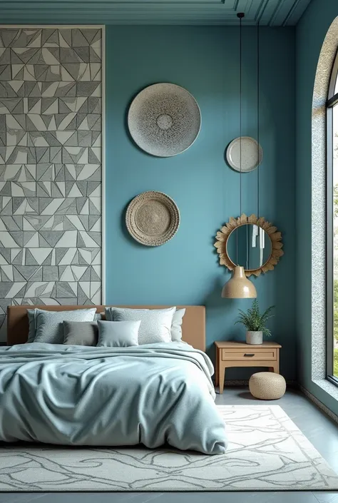 BEDROOM WITH GEOMETRY ON A SEAWATER BLUE WALL, negro, GRAY AND ON ANOTHER WALL MOSAICS 