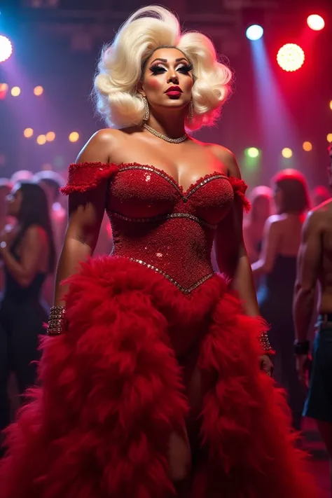 Drag Queen FAT, dress red, hair blonde