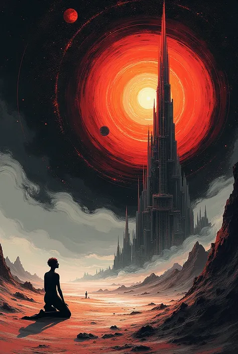 A circular black, red and white abstract sun pulling  space deep into its inner spiral ,left side on the abstract ground a abstract man kneeling before a tower that ascends the sky on the right side, distant abstract landscape
