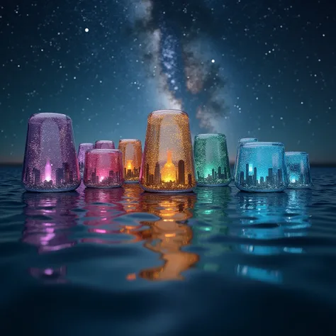 Many water polos float in a beautiful galaxy .  Each of them reflects a different city from another country