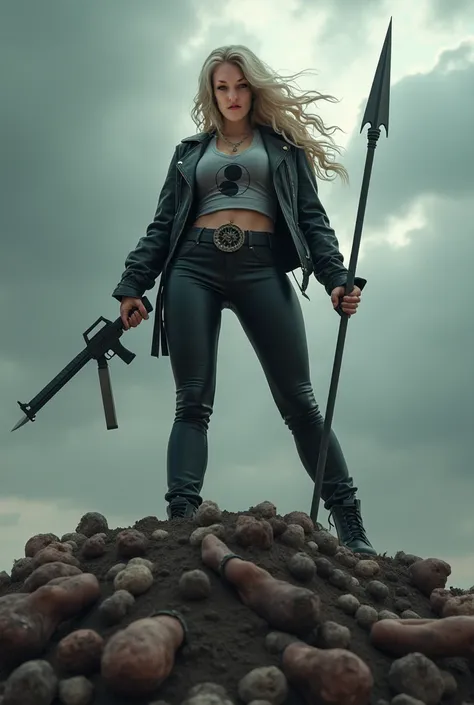 girl 30 years old,  long wavy blonde hair platinum highlights and black root ,  blue eyes, septum nose ,  large round plump breasts ,  black leather jacket ,  gray t-shirt Yin Yang symbol ,  tight black leather pants , black boots,  stepping on a mountain ...