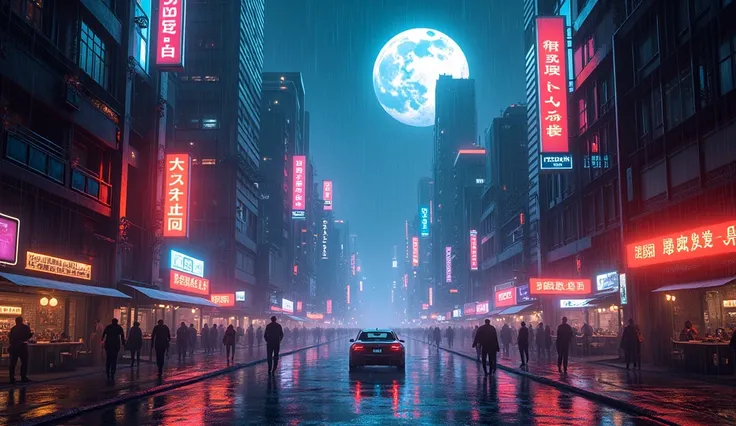 Futuristic retro city at night, neon lighting, PANORAMIC VIEW, rain, Full Moon Neon 