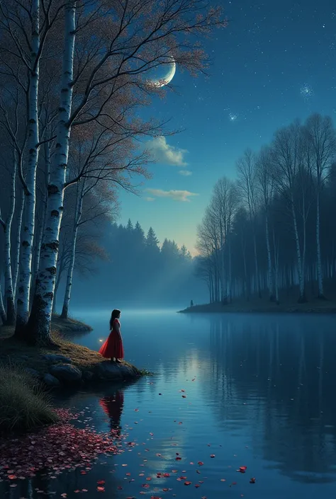 A lakeside 、 a birch forest ,  a rain of flying petals, Young Girls. Portrait of a Smile ,  Smooth Lines ,  Emphasize light,  Shadow and Space Perception,  Rich Negative Space , Emphasizing a Smile ,  starry night , ( in a Primitive Style . David Martiashv...