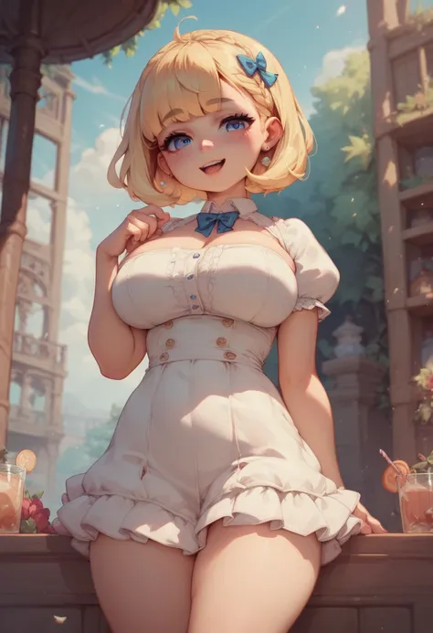 A girl, has blonde hair, body and small figure , young look,  has small thighs but big breasts, I mean an oppai-loli , You wear white dress 
