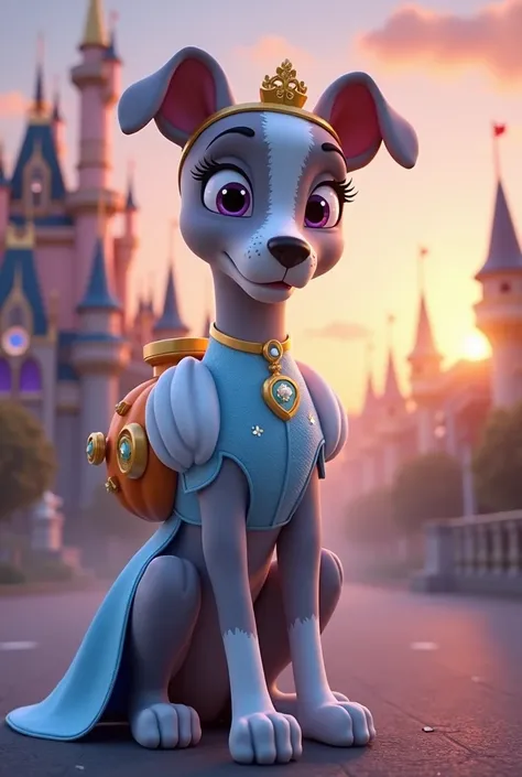 Create an anthropomorphic puppy character inspired by Cinderella from Disney, designed in the style of PAW Patrol. The puppy should be a slender Greyhound, reflecting elegance and grace. Her sleek, light gray fur should be accented with a shimmering light ...