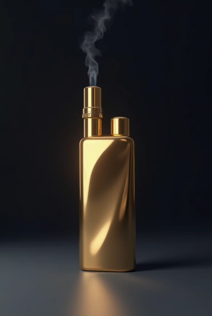  A 3D design of an elegant and modern vape with a shiny gold finish ,  that reflects light in a subtle way to highlight its metallic surface .  The device has a stylized design with soft edges and minimalist details.  It is in a vertical position on a smoo...