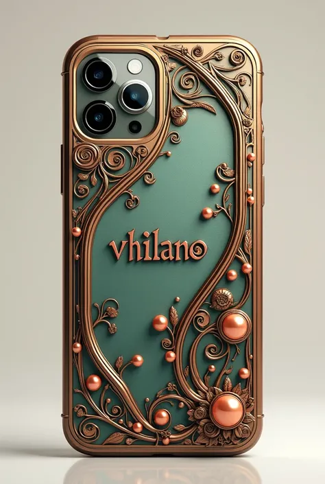 cell phone cases for young women (influencers).
 The phone case should have a small mirror on the top right, in the middle there are gothic letters "vhilano" and on the outside there are many small balls for safety and stability when holding.  Create image...