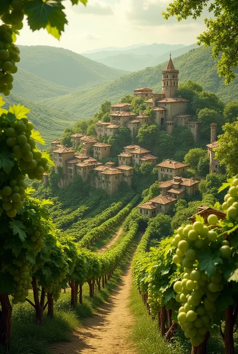 Scenery of a town with lots of green grapes