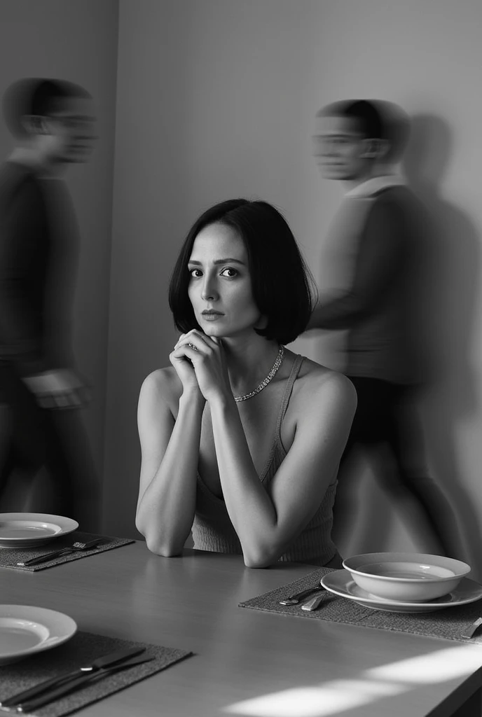  Woman sitting at a table in high fashion ,  jewelry posing for a Vogue photo shoot on a gray background from the kitchen with furniture and plates around it.  She wears minimalist Balenciaga clothes and Davidoff Vega .  She has dark bob-cut hair , and she...