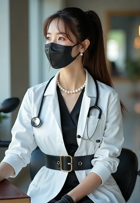 Side profile Portrait photo of young and elegant korean female dentist wearing a half arm half sleeve doctors white suit , wearing a tied waist black shiny leather belt, wearing a black shiny leather gloves , wearing a black shiny glossy leather medical ma...