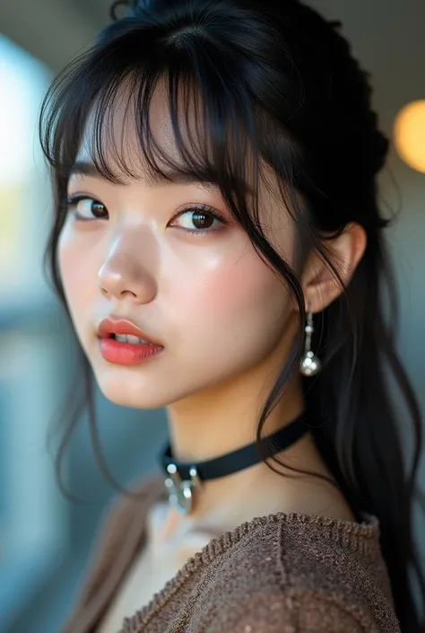  beautiful 18 year old female K-pop star 、 partially dyed black hair 、blunt bangs、 silver earrings and black choker、Attractive makeup、 colored street fashion 、Ultra high definition advertising material photos 、 HIGH DEFINITION SKIN TEXTURE 、Natural angles 