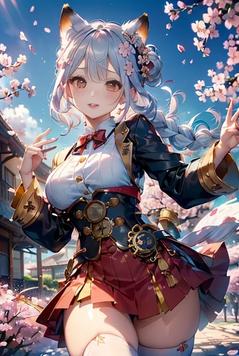 (  lets take a peek at the viewers  :1.3),( 3d animation:1.3),(((Many cherry blossom petals dancing in the wind  :1.5)))，(((King of Steampunk :1.3))，((Costume with cute pastel details )),((Enchanting Cosplay Outfits ))),(((Fox Ears)),(  make the subject lo...