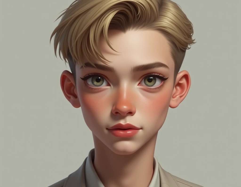  Young man, realistic, small forehead, thin,  diamond-shaped face , short blond hair. 