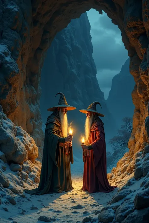  Two elves with a somewhat aged spectrum ,  entering a cave inside a rocky mountain,  at night,  both with a torch in their hand each ,  medieval clothing , beard,  each wearing a sorcerers hat , Little light , realistic dark fantasy style 